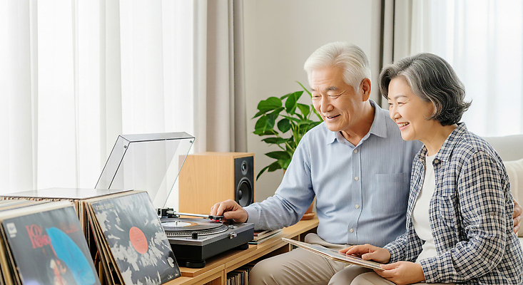 JPG 편집이미지 거실 휴식 대화 사랑 노후 노부부 음악감상 레코드 추억 레코드플레이어 뷰티풀 의료성형뷰티 취향 편집실사 AI인물포토 AI콘텐츠 부부 감정 컨셉 말하기 감상 음반 CG 파일형식 AI포토