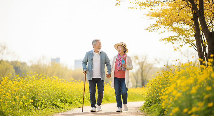 JPG 편집이미지 커플 공원 꽃 행복 자연 웃음 취미 친구 노후 햇빛 노란색 손잡기 노부부 봄 산책 일과 의료성형뷰티 편집실사 AI인물포토 AI콘텐츠 식물 부부 계절 공공시설 감정 컬러 관계 모션 휴식 표정 태양 CG 생태계 파일형식 AI포토