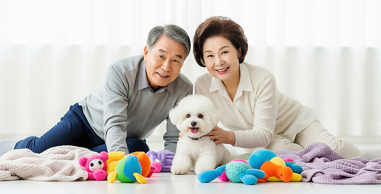 JPG 편집이미지 할아버지 행복 할머니 거실 가족 놀이 따뜻함 사랑 웃음 노후 반려동물 장난감 강아지 소통 순간 의료성형뷰티 편집실사 AI인물포토 AI콘텐츠 동물 여자 노년 남자 감정 컨셉 관계 표정 개 CG 파일형식 AI포토