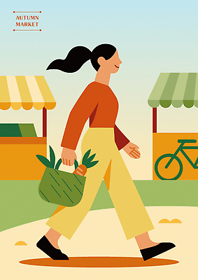 여자 컬러 운동화 채소 일러스트 모션 날씨 풍경 일상 생활 농작물 장보기 바구니 걷기 자전거 재킷 가을 시장 가판대 플리마켓 국내일러스트 AI파일 계절 신발 농업 사람 라이프 바이크 외투 파일형식 벡터