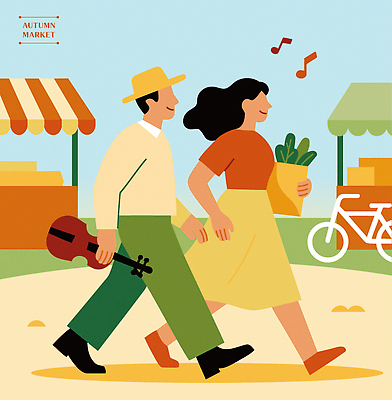 부부 커플 행복 문화 음악 음식 채소 과일 일러스트 풍경 자전거 산책 산책로 가을 시장 군중 저녁 장바구니 바이올린 오후 플리마켓 국내일러스트 AI파일 계절 감정 길 관계 현악기 문화예술 휴식 사람 쇼핑 바구니 바이크 야간 파일형식 벡터
