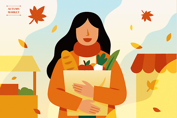여자 문화 음식 빵 낙엽 채소 과일 일러스트 건강 웃음 일상 농작물 쇼핑 장보기 바구니 산책 가을 신선 시장 재래시장 플리마켓 국내일러스트 AI파일 계절 잎 농업 휴식 표정 사람 라이프 파일형식 벡터