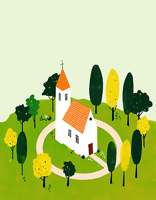 JPG 나무 디자인 계절 컬러 일러스트 자연 하늘 풍경 초원 초록색 교회 평화 귀여움 정원 주황색 산책 공간 산책로 흰색 조용 뷰티풀 국내일러스트 AI일러스트 AI콘텐츠 식물 길 컨셉 종교건축 휴식 건물 생태계 파일형식