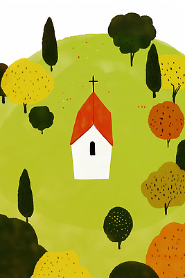 JPG 나무 사계절 종교 상징 일러스트 자연 풍경 초록색 여름 교회 가을 언덕 조용 단순화된 색감 국내일러스트 AI일러스트 AI콘텐츠 식물 계절 컬러 종교건축 건물 생태계 파일형식