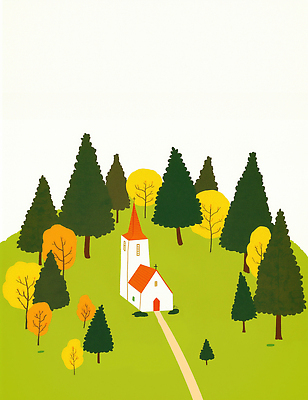 JPG 나무 길 일러스트 자연 아침 산 풍경 교회 평화 소리 시골 숲 힐링 조용 조화 뷰티풀 국내일러스트 AI일러스트 AI콘텐츠 주간 식물 컨셉 종교건축 건물 생태계 파일형식