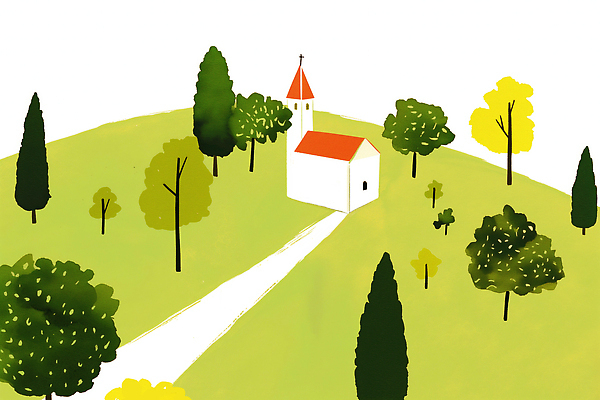 JPG 나무 예술 일러스트 자연 풍경 여름 햇빛 교회 평화 고요 공간 산책로 언덕 뷰티풀 색감 테마 풍경화 국내일러스트 AI일러스트 AI콘텐츠 식물 계절 길 컨셉 종교건축 건물 태양 그림 생태계 파일형식