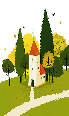 JPG 나무 잎 일러스트 자연 휴식 풍경 초록색 햇빛 교회 희망 공간 가을 둘레 편안함 작음 높이 조화 뷰티풀 색감 전경 국내일러스트 AI일러스트 AI콘텐츠 식물 계절 감정 컬러 컨셉 종교건축 건물 태양 감각 크기 생태계 파일형식 탑뷰