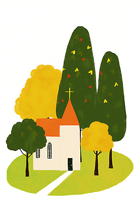 JPG 나무 컬러 단풍 잎 일러스트 자연 따뜻함 풍경 야외 초록색 햇빛 갈색 노란색 교회 고요 가을 소중 조화 뷰티풀 경관 국내일러스트 AI일러스트 AI콘텐츠 식물 계절 컨셉 종교건축 건물 태양 생태계 파일형식