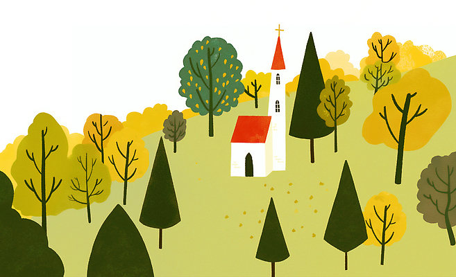 JPG 나무 일러스트 자연 하늘 풍경 빨간색 초록색 여름 노란색 교회 고요 가을 작음 언덕 그림 위치 조화 시민 뷰티풀 색채 국내일러스트 AI일러스트 AI콘텐츠 식물 계절 컬러 종교건축 건물 크기 생태계 국민 파일형식