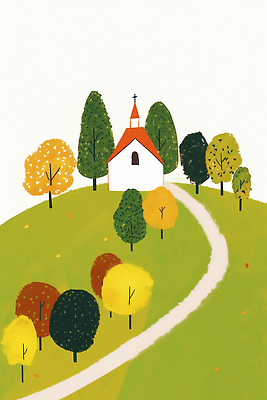 JPG 나무 종교 길 컬러 여행 잎 일러스트 자연 하늘 휴식 따뜻함 풍경 교회 마을 고요 작음 언덕 뷰티풀 국내일러스트 AI일러스트 AI콘텐츠 식물 컨셉 종교건축 건물 크기 생태계 파일형식