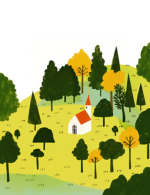 JPG 나무 공원 컬러 일러스트 자연 생명 풍경 여름 파란색 교회 평화 환경 시골 도심 숲 언덕 그림 조용 알록달록 국내일러스트 AI일러스트 AI콘텐츠 식물 계절 공공시설 컨셉 종교건축 건물 컬러풀 도시 생태계 파일형식