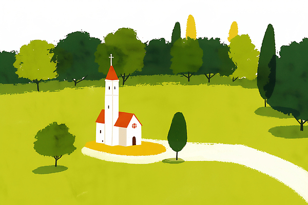 JPG 나무 건축 도로 여행 일러스트 자연 풍경 초원 초록색 교회 평화 일출 고요 일몰 농촌 조경 이국적 풍경화 국내일러스트 AI일러스트 AI콘텐츠 식물 길 컬러 컨셉 종교건축 교통시설 건물 노을 시골 그림 생태계 파일형식