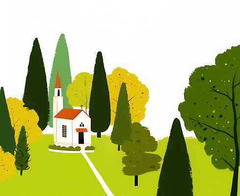 JPG 나무 식물 계절 컬러 일러스트 자연 아침 풍경 초원 건물 초록색 여름 햇빛 교회 평화 고요 시골 숲 오솔길 조경 조용 국내일러스트 AI일러스트 AI콘텐츠 주간 건축물 길 컨셉 종교건축 태양 생태계 파일형식