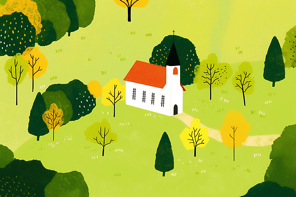 JPG 나무 사계절 기독교 길 일러스트 자연 하늘 풍경 건물 빨간색 초록색 노란색 교회 마을 고요 가을 숲 조용 동산 뷰티풀 국내일러스트 AI일러스트 AI콘텐츠 식물 건축물 계절 종교 컬러 종교건축 생태계 파일형식