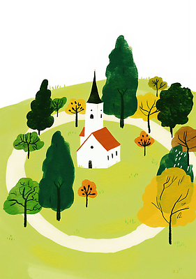 JPG 나무 전통 건축 여행 일러스트 자연 풍경 초원 초록색 교회 평화 마을 산책로 가을 언덕 조화 색감 국내일러스트 AI일러스트 AI콘텐츠 식물 계절 길 컬러 컨셉 종교건축 건물 생태계 파일형식