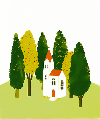 JPG 나무 길 일러스트 창문 자연 풍경 건물 초록색 여름 교회 고요 가을 흰색 시골 숲 편안함 언덕 조용 종탑 국내일러스트 AI일러스트 AI콘텐츠 식물 건축물 계절 컬러 종교건축 탑 감각 생태계 파일형식