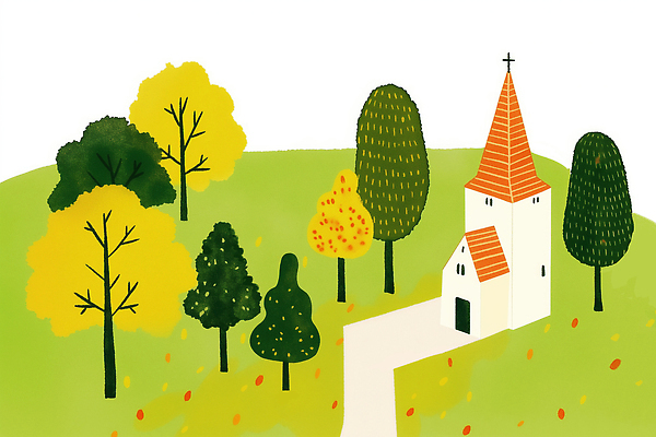 JPG 나무 길 단풍 일러스트 자연 하늘 날씨 풍경 초록색 노란색 성당 정원 주황색 가을 시골 소나무 구조물 조용 풍경화 국내일러스트 AI일러스트 AI콘텐츠 식물 계절 건축 컬러 잎 종교건축 그림 생태계 파일형식