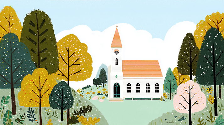 JPG 나무 꽃 컬러 단풍 일러스트 자연 하늘 설계 풍경 건물 초록색 여름 교회 평화 편안함 예배 조경 산골 국내일러스트 AI일러스트 AI콘텐츠 식물 건축물 계절 컨셉 잎 종교건축 감각 생태계 파일형식