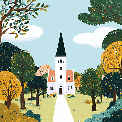 JPG 나무 종교 일러스트 자연 하늘 풍경 일상 초록색 노란색 교회 평화 마을 정원 주황색 산책 가을 기도 뷰티풀 색감 국내일러스트 AI일러스트 AI콘텐츠 식물 계절 컬러 컨셉 종교건축 휴식 건물 라이프 생태계 파일형식