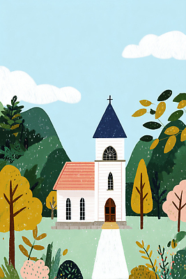 JPG 나무 캐릭터 전통 건축물 여행 일러스트 자연 하늘 산 풍경 초록색 교회 평화 마을 고요 뷰티풀 오후 테마 국내일러스트 AI일러스트 AI콘텐츠 식물 건축 컬러 컨셉 종교건축 건물 생태계 파일형식