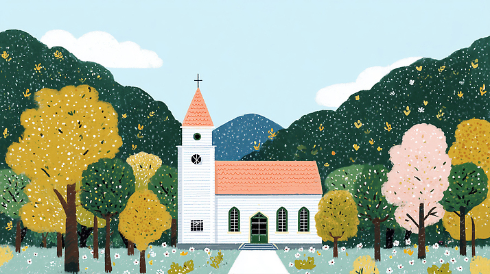 JPG 나무 꽃 기독교 분홍색 일러스트 자연 하늘 산 풍경 건물 일상 파란색 교회 평화 금색 가을 숲 조용 종탑 뷰티풀 국내일러스트 AI일러스트 AI콘텐츠 식물 건축물 계절 종교 컬러 컨셉 종교건축 라이프 탑 생태계 파일형식
