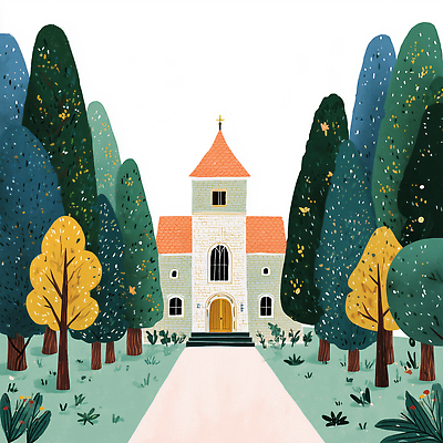 JPG 나무 사계절 건축 기독교 예술 컬러 일러스트 자연 풍경 초록색 여름 교회 평화 걷기 정원 고요 산책 금색 조경 신성 국내일러스트 AI일러스트 AI콘텐츠 식물 계절 종교 컨셉 종교건축 모션 휴식 건물 생태계 파일형식