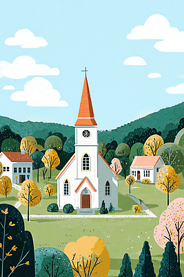 JPG 나무 계절 컬러 일러스트 자연 하늘 주택 풍경 건물 일상 교회 평화 걷기 마을 고요 시골 편안함 언덕 조화 안식처 접착풀 국내일러스트 AI일러스트 AI콘텐츠 식물 건축물 컨셉 종교건축 모션 휴식 문구용품 라이프 풀_접착제 감각 생태계 파일형식