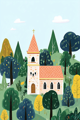 JPG 나무 구름 건축 기독교 컬러 하늘색 일러스트 자연 하늘 나뭇잎 풍경 초원 여름 관광지 성당 평화 황무지 숲 조화 밝은색 풍경화 국내일러스트 AI일러스트 AI콘텐츠 자연요소 식물 계절 종교 여행 컨셉 잎 종교건축 파란색 그림 생태계 파일형식