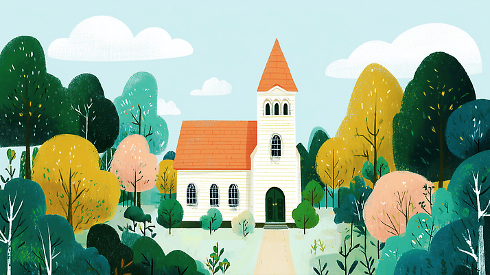 JPG 나무 전통 공원 종교 여유 여행 일러스트 자연 하늘 산 풍경 건물 초록색 교회 평화 마을 공간 조화 탐방 국내일러스트 AI일러스트 AI콘텐츠 식물 건축물 공공시설 감정 컬러 컨셉 종교건축 생태계 파일형식