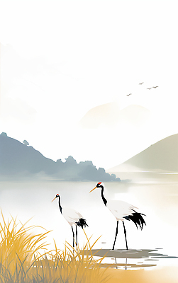 JPG 일러스트 자연 조류 아침 생물 산 초가집 풍경 초원 평화 고요 습기 안개 수면 강가 생태계 조용 느림 국내일러스트 AI일러스트 AI콘텐츠 주간 동물 컨셉 날씨 한옥 물 강 파일형식