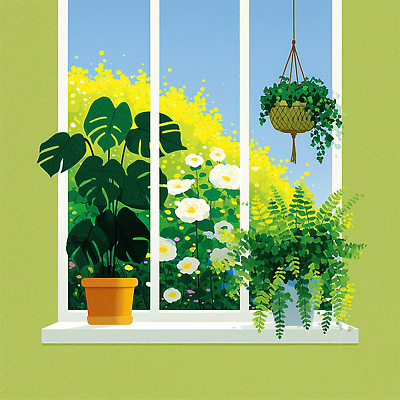 JPG 식물 꽃 화분 화초 일러스트 창문 자연 실내 장식 초록색 여름 인테리어 햇빛 평화 페인트 분위기 창가 조화 국내일러스트 AI일러스트 AI콘텐츠 디자인 계절 컬러 컨셉 내부 태양 생태계 파일형식