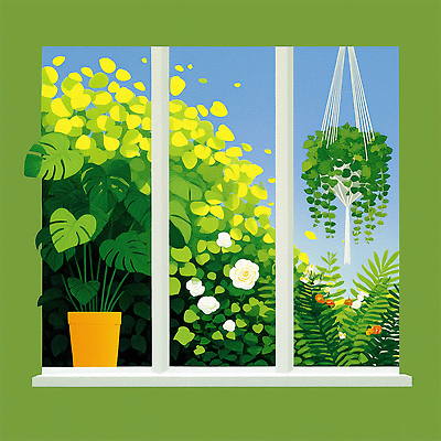 JPG 식물 잡화 꽃 화분 일러스트 자연 풍경 장식 초록색 여름 인테리어 햇빛 정원 신선 창가 힐링 국내일러스트 AI일러스트 AI콘텐츠 디자인 계절 컬러 창문 태양 생태계 파일형식