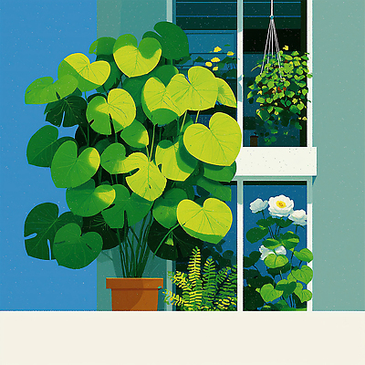 JPG 식물 화분 잎 일러스트 자연 건강 장식 초록색 파란색 평화 환경 카페 분위기 백합 창가 원예 조화 홈가드닝 국내일러스트 AI일러스트 AI콘텐츠 꽃 컬러 컨셉 창문 취미 상점 생태계 파일형식