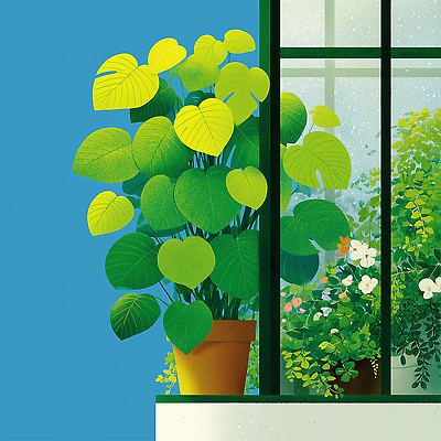 JPG 식물 디자인 계절 화분 컬러 잎 일러스트 자연 휴식 실내 풍경 초록색 인테리어 햇빛 환경 발코니 창가 식물원 조화 뷰티풀 국내일러스트 AI일러스트 AI콘텐츠 컨셉 창문 내부 태양 생태계 파일형식