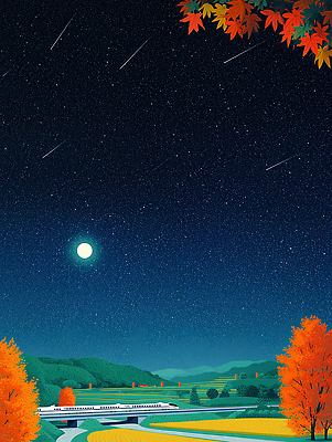 JPG 별 여행 일러스트 자연 밤하늘 하늘 조명 풍경 초원 일상 관광지 평화 고요 기차 달 가을 시골 도시 유성 지평선 동산 국내일러스트 AI일러스트 AI콘텐츠 자연요소 계절 육상교통 컨셉 대중교통 라이프 야간 생태계 파일형식