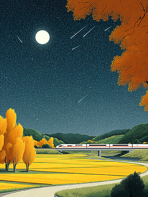 JPG 나무 별 여행 일러스트 자연 밤하늘 하늘 조명 풍경 초원 평화 기차 금색 달 가을 시골 고속열차 전경 국내일러스트 AI일러스트 AI콘텐츠 자연요소 식물 계절 육상교통 컬러 컨셉 대중교통 야간 생태계 파일형식 탑뷰
