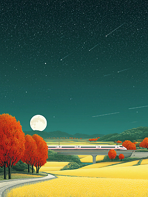 JPG 나무 별 여행 일러스트 자연 하늘 미소 풍경 평화 일출 고요 기차 수확 가을 시골 밤 달빛 가교 국내일러스트 AI일러스트 AI콘텐츠 자연요소 식물 건축물 계절 육상교통 컨셉 농업 대중교통 표정 노을 견과류 달 생태계 파일형식
