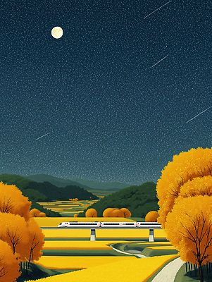 JPG 별 여행 교통 이동 단풍 야경 일러스트 자연 하늘 조명 풍경 초원 기차 가을 농촌 도시 황금 달빛 고속열차 국내일러스트 AI일러스트 AI콘텐츠 자연요소 계절 육상교통 컨셉 잎 대중교통 달 시골 야간 생태계 파일형식 풍경_경치