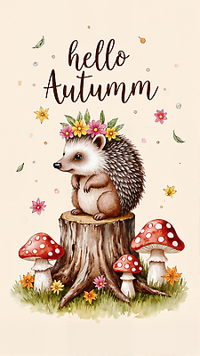 JPG 식물 동물 디자인 계절 꽃 일러스트 자연 귀여움 버섯 가을 숲 오브젝트 생태계 장면 나무밑둥 고슴도치 뷰티풀 색감 국내일러스트 AI일러스트 AI콘텐츠 나무 컨셉 포유류 파일형식