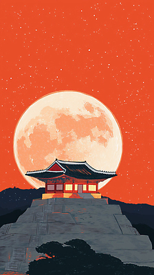 JPG 전통 예술 고건축 야경 일러스트 밤하늘 조명 산 한옥 한국 풍경 고요 문화재 보름달 저녁 달빛 조화 뷰티풀 국내일러스트 AI일러스트 AI콘텐츠 한국전통 건축물 아시아 하늘 달 야간 파일형식 풍경_경치
