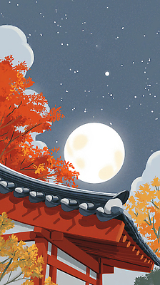 JPG 나무 전통 계절 별 문화 단풍 설경 일러스트 자연 밤하늘 하늘 한옥 한국 풍경 고요 보름달 가을 달빛 조화 뷰티풀 국내일러스트 AI일러스트 AI콘텐츠 자연요소 식물 한국전통 아시아 고건축 잎 겨울 달 야간 생태계 파일형식