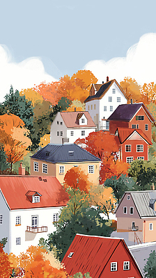 JPG 나무 예술 컬러 단풍 일러스트 자연 하늘 수채화 주택 따뜻함 풍경 건물 가을 도시 그림 지역 조화 뷰티풀 풍요 국내일러스트 AI일러스트 AI콘텐츠 식물 건축물 계절 컨셉 잎 생태계 파일형식