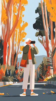 JPG 나무 길 여유 예술 컬러 여행 일러스트 모션 자연 사람 풍경 카메라 촬영 산책 가을 숲 즐거움 그림 순간 스타일 국내일러스트 AI일러스트 AI콘텐츠 식물 계절 감정 휴식 전자제품 생태계 파일형식