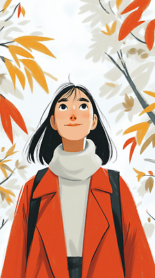 JPG 응시 행복 컬러 여행 백그라운드 단풍 낙엽 일러스트 자연 하늘 생명 나뭇잎 미소 풍경 소녀 걷기 외투 탐험 가을 즐거움 뷰티풀 국내일러스트 AI일러스트 AI콘텐츠 시선 계절 여자 감정 어린이 상의 잎 모션 표정 생태계 파일형식