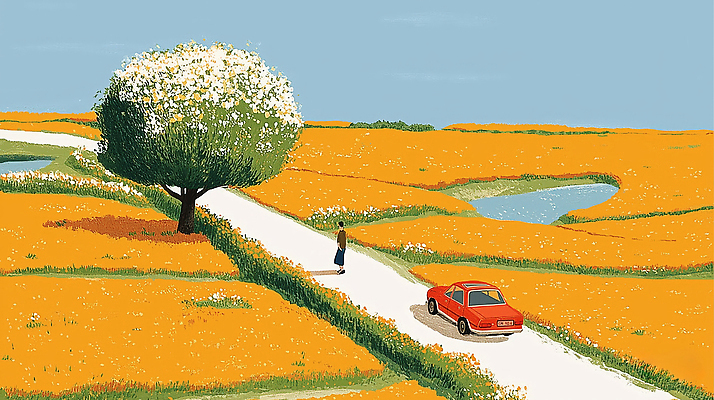 JPG 나무 꽃 길 이동 일러스트 자동차 자연 하늘 사람 풍경 초원 물 여름 노란색 평화 스크린 맑음 산책 장면 국내일러스트 AI일러스트 AI콘텐츠 자연요소 식물 계절 육상교통 컬러 컨셉 날씨 휴식 생태계 파일형식