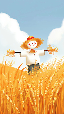 JPG 구름 전통 예술 농업 일러스트 자연 하늘 바람 날씨 웃음 풍경 파란색 농작물 귀여움 금색 수확 가을 농촌 보호 허수아비 밀밭 국내일러스트 AI일러스트 AI콘텐츠 자연요소 계절 산업 컬러 컨셉 밭 표정 시골 밀 생태계 파일형식