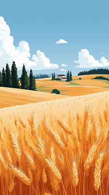 JPG 나무 구름 농업 일러스트 자연 하늘 산 풍경 초원 여름 농가 평화 환경 고요 금색 수확 농촌 밀 밀밭 국내일러스트 AI일러스트 AI콘텐츠 자연요소 식물 계절 산업 컬러 컨셉 밭 곡류 농장 시골 생태계 파일형식