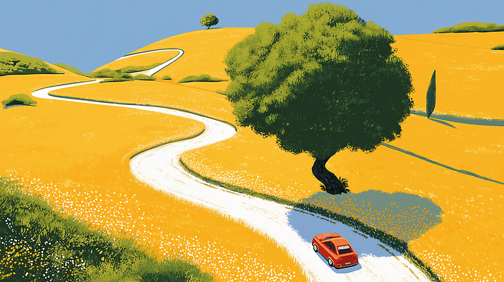 JPG 나무 도로 여유 여행 일러스트 자동차 자연 풍경 초원 여름 평화 드라이브 탐험 차 언덕 풍경화 경관 국내일러스트 AI일러스트 AI콘텐츠 식물 계절 감정 길 음료 육상교통 컨셉 교통시설 운전 그림 생태계 파일형식