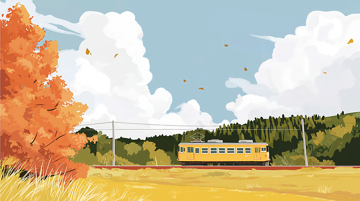 JPG 나무 구름 컬러 여행 이동 일러스트 자연 바람 나뭇잎 풍경 초원 노란색 일몰 기차 가을 농촌 전철 뷰티풀 국내일러스트 AI일러스트 AI콘텐츠 자연요소 식물 계절 육상교통 컨셉 잎 날씨 대중교통 노을 시골 생태계 파일형식