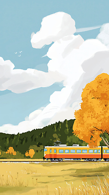 JPG 나무 구름 행복 여유 여행 일러스트 자연 하늘 산 풍경 일상 노란색 일몰 기찻길 기차 탐험 가을 도시 색감 풍경화 국내일러스트 AI일러스트 AI콘텐츠 자연요소 식물 계절 감정 육상교통 컬러 대중교통 라이프 노을 그림 생태계 파일형식